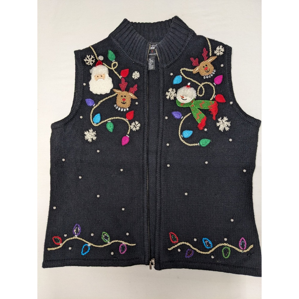 Designers Originals Studio Joy Black Christmas Sweater Vest Santa Snowman‎ PS